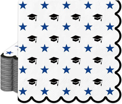 FYSUIMU Graduation Cap Napkins - 100 Pcs Scalloped Disposable Dinner Napkins | Black & Blue Star Design