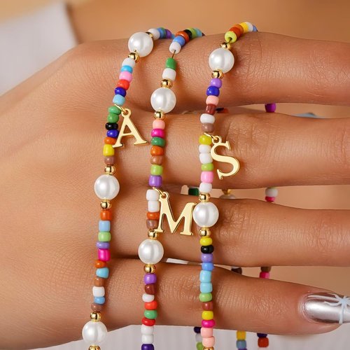 M MOOHAM Colorful Initial Necklace - Beaded Pearl Choker Jewelry for Kids, Teens & Women