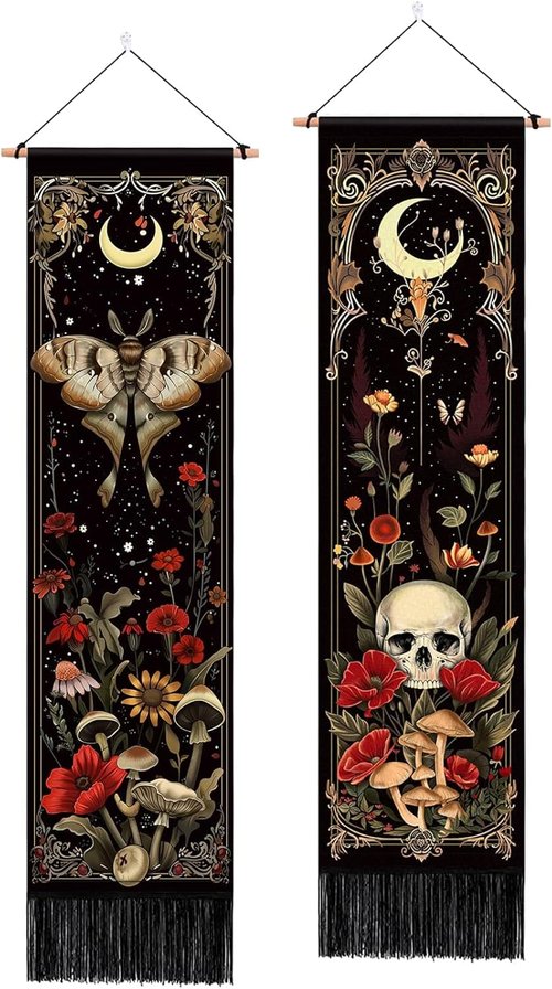 ARTCREATOR Gothic Wall Tapestry - Witchy Moth & Moon Design | Retro Floral Bedroom Decor (12.8 x 51.2 in)