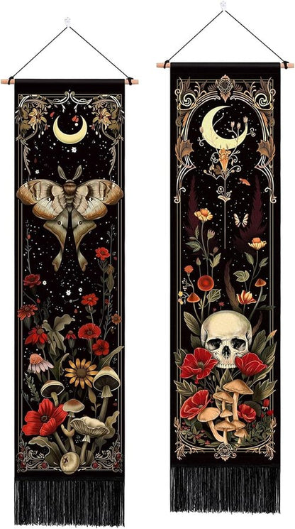 ARTCREATOR Gothic Wall Tapestry - Witchy Moth & Moon Design | Retro Floral Bedroom Decor (12.8 x 51.2 in)