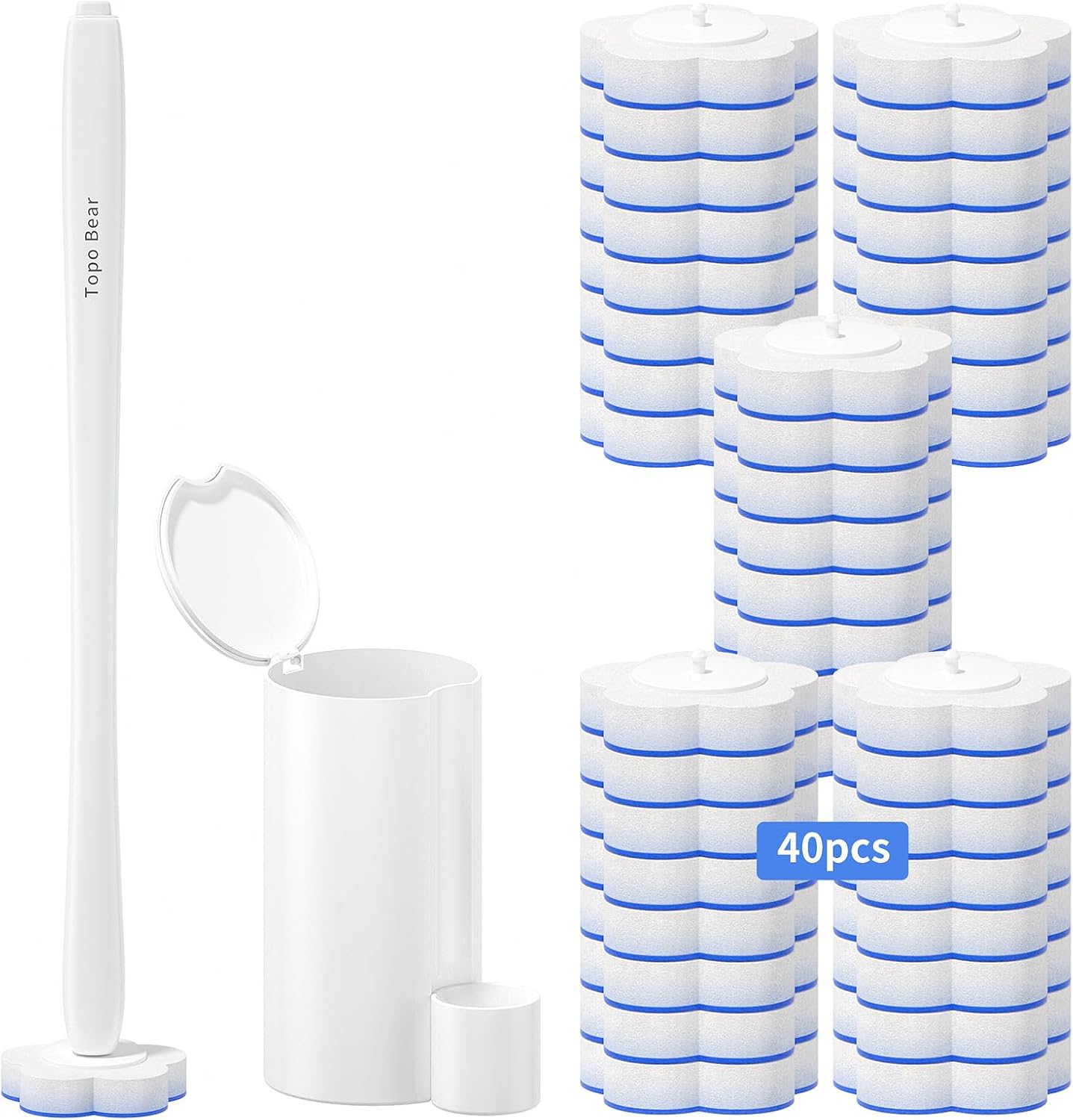 Topo Bear Toilet Bowl Brush Set - 40 Disposable Wand Refills for Effortless Cleaning