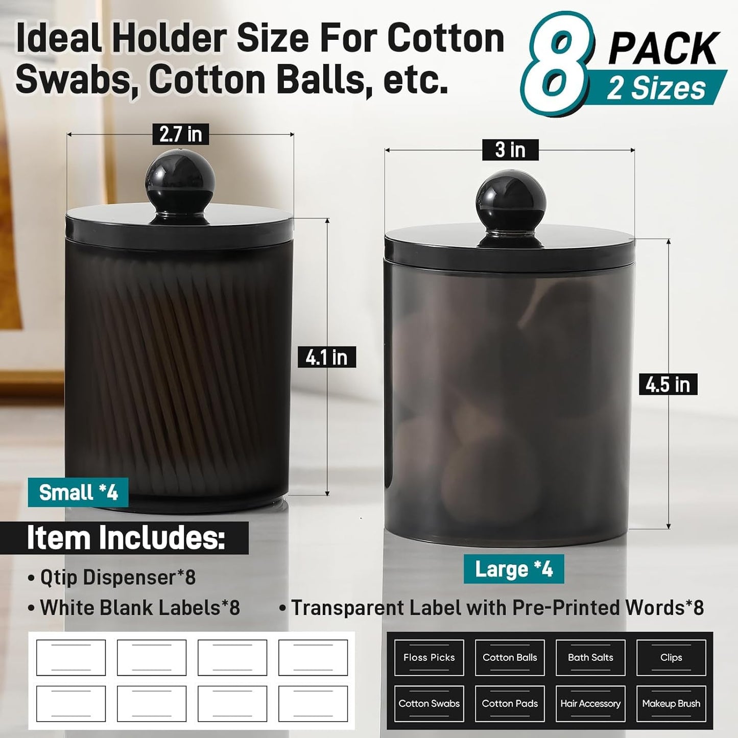 Skiennix Acrylic Qtip Holder Dispenser - 8 Pack Clear Plastic Canisters for Cotton Swabs & Makeup Storage | Bathroom Essentials