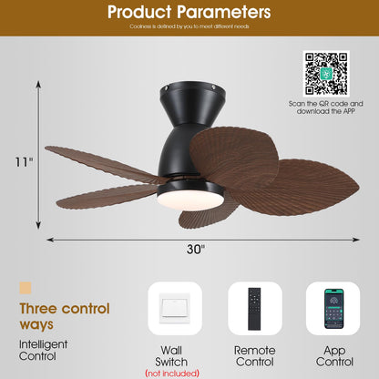 Kviflon Low Profile Ceiling Fans with Lights and Remote/APP Control, 30 Inch Small Tropical Ceiling Fan with Light Flush Mount, Outdoor Palm Leaf Ceiling Fans for Patios Porch, Quiet, Brown
