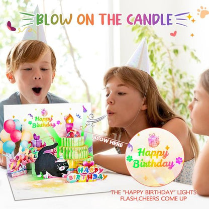 FITMITE Cute Cat Birthday Card - Pop-Up Design with Music, Lights & Blowable Candle | Perfect Gift for Cat Lovers