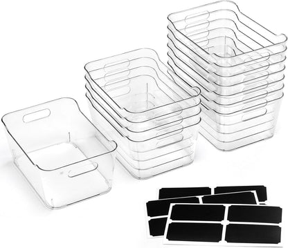 SOHO Collection Clear Plastic Storage Bins - 12 Pack Multi-Use Organizers with Labels for Home & Office - Large Size