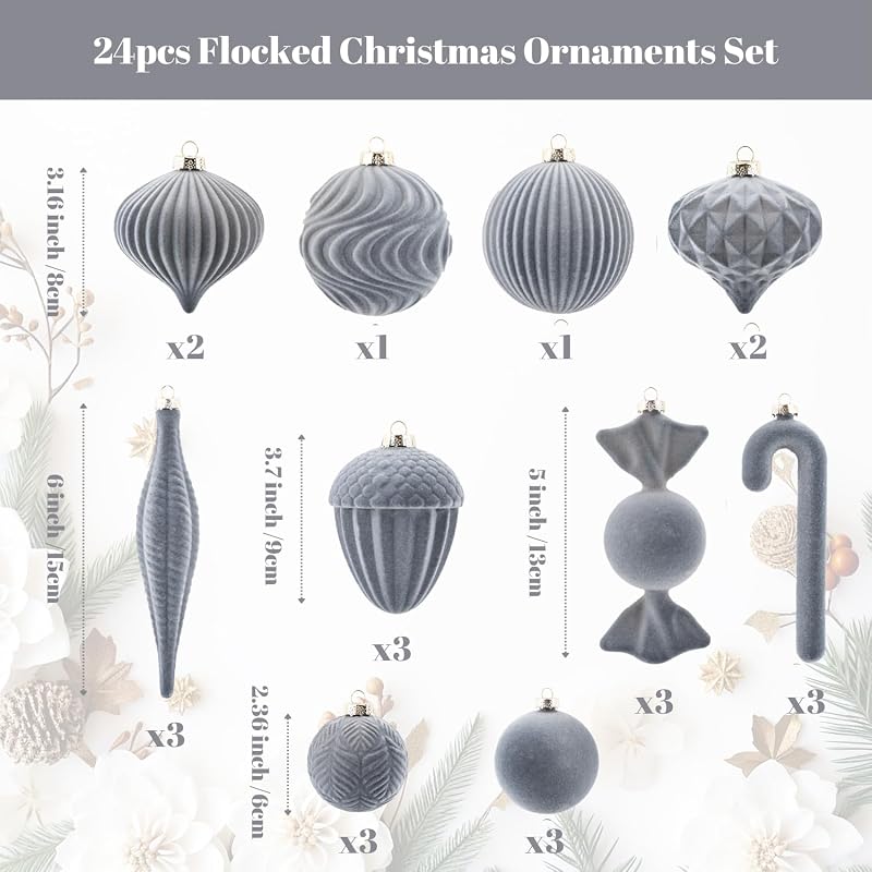 Grey Velvet Ornament Set - 24 Shatterproof Flocked Christmas Balls for Tree Décor - Dusty Blue/Gray (Variation: Grey)