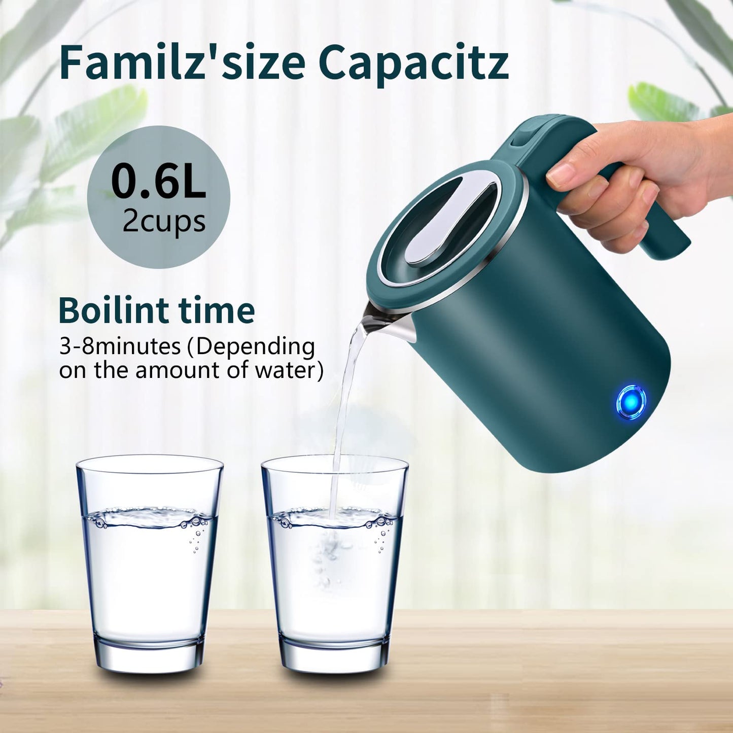 Small Portable Electric Kettle, 0.6L Mini Stainless Steel Travel Kettle, Portable Mini Hot Water Boiler Heater, Quiet Fast Boil & Cool Touch with Boil-Dry Protection (Green)