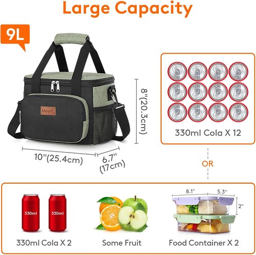 Lifewit Insulated Lunch Bag - Soft Cooler Tote for Adults | 12-Can Capacity, Black & Green