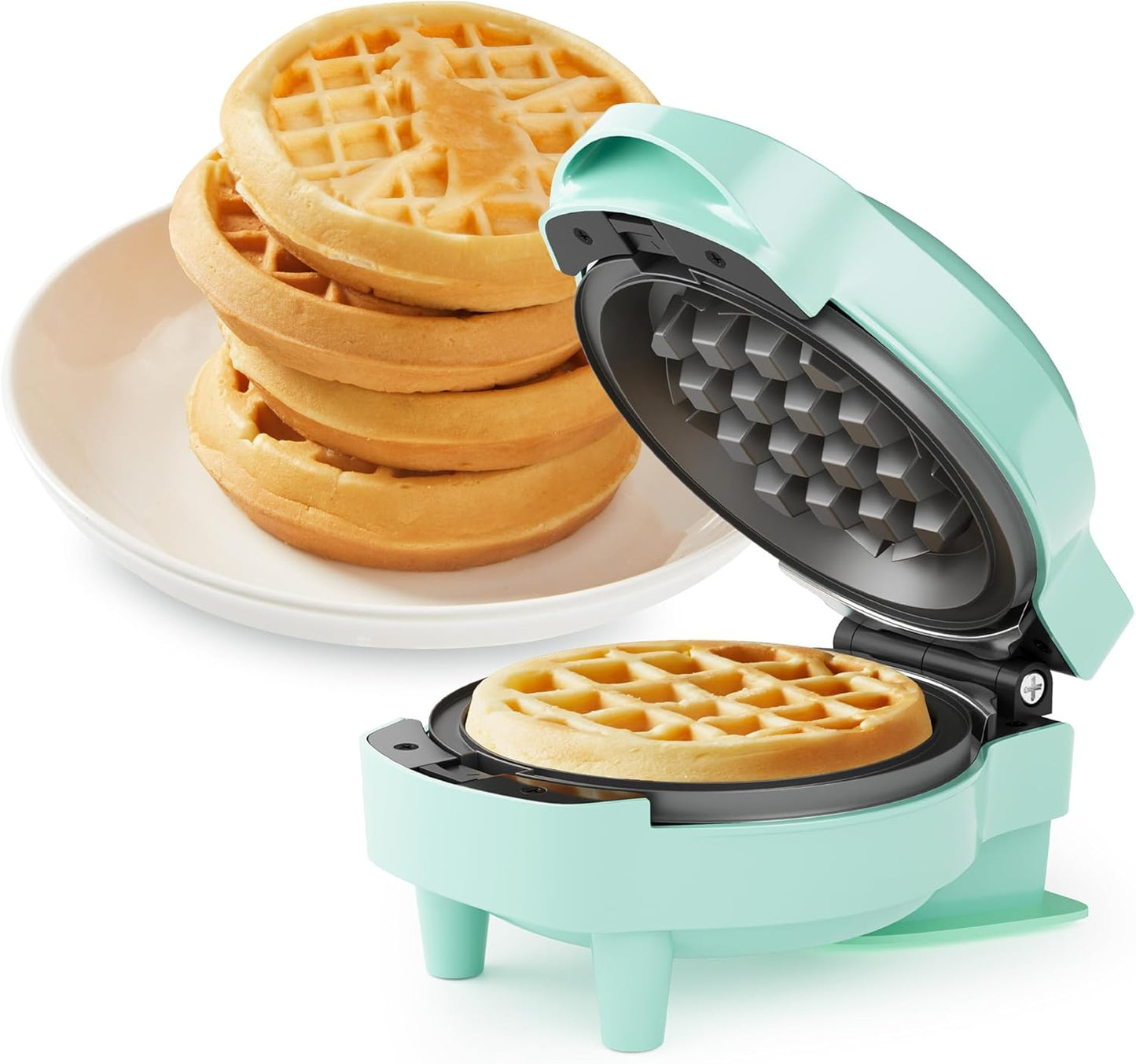 Sunvivi Mini Waffle Maker - 6-in-1 Nonstick Waffle Iron with Removable Plates Set | Light Blue