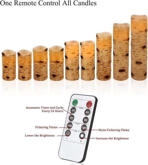 Enpornk Flameless LED Candles - Flickering Birch Bark Effect | Set of 9 Battery-Operated Real Wax with Remote Control