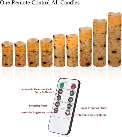 Enpornk Flameless LED Candles - Flickering Birch Bark Effect | Set of 9 Battery-Operated Real Wax with Remote Control