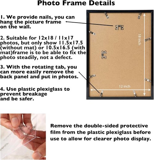 JCJMY 12x18 Picture Frame - Wall Hanging Display for 11x17 Photos with Mat or 12x18 Without Mat | Black Plexiglass