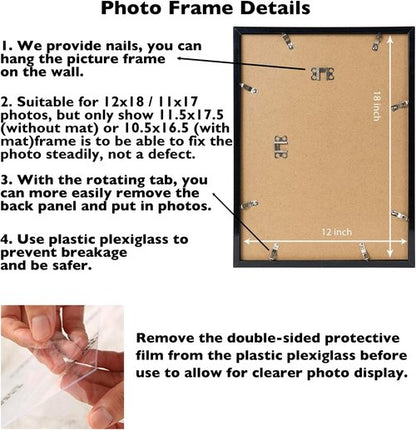JCJMY 12x18 Picture Frame - Wall Hanging Display for 11x17 Photos with Mat or 12x18 Without Mat | Black Plexiglass