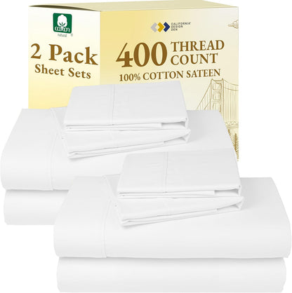 California Design Den Queen Sheet Sets - 400 Thread Count 100% Cotton Sateen - Soft, Breathable & Deep Pocket - Antique White (2-Pack)