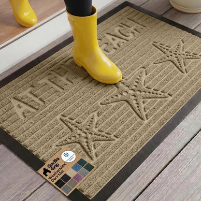 GORILLA GRIP 100% Waterproof All-Season WeatherMAX Doormat US Designed Natural Rubber, Stain and Fade Resistant, Low Profile Indoor Outdoor Door Mats, Easy Clean Patio Mat, 29x17, Sand Beach