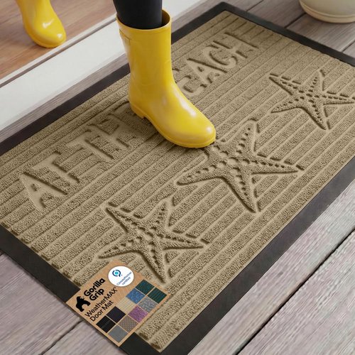 GORILLA GRIP 100% Waterproof All-Season WeatherMAX Doormat US Designed Natural Rubber, Stain and Fade Resistant, Low Profile Indoor Outdoor Door Mats, Easy Clean Patio Mat, 29x17, Sand Beach