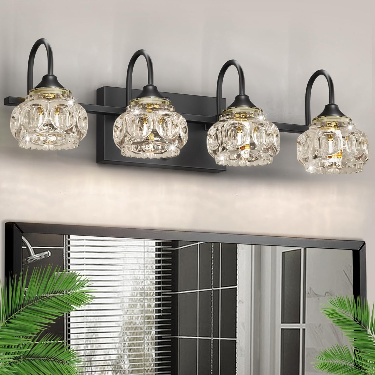 DIKAIDA 4-Light Bathroom Vanity Light Fixtures, Matte Black Modern Vanity Lights with Crystal Glass Shade, Over Mirror Modern Wall Lights for Kitchen Dinning Room Bedroom Balcony Hallway