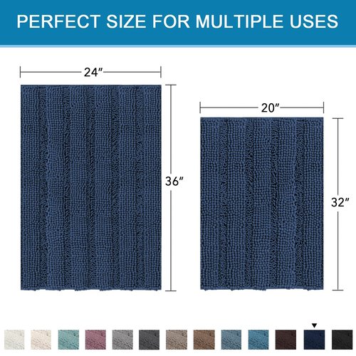 H.VERSAILTEX 2 Piece Bathroom Set - Super Absorbent Chenille Striped Bath Mats and Rugs - Non-Skid, Machine Washable Floor Mats (Navy, 24 x 36 Plus 20 x 32 Inches)