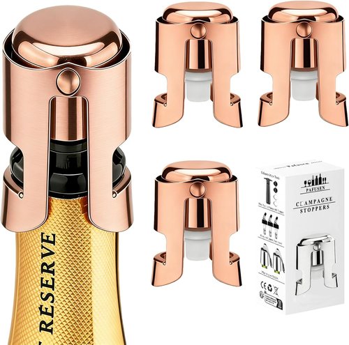 Champagne Stoppers for Bottles, Pafusen Champagne Sealer Stopper, Stainless Steel Champagne Cork Stopper Toppers, Saver for Champagne Cava Prosecco Sparkling Wine (Champagne -3-Pack-Rose Gold)