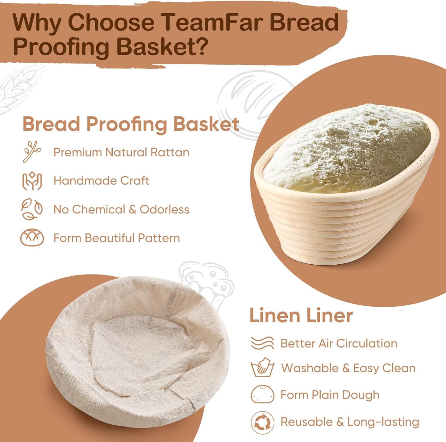 TeamFar Sourdough Bread Proofing Basket Set - 10 Inch Oval Baskets with Liner for Perfect Dough Fermentation