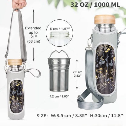 Reeho 32oz Borosilicate Glass Water Bottle with Tea Infuser, Tea Tumbler with Strainer, Reusable Travel Mug with Sleeve & 2 Lids, for Hot or Cold Drinks, Loose Tea, Fruit