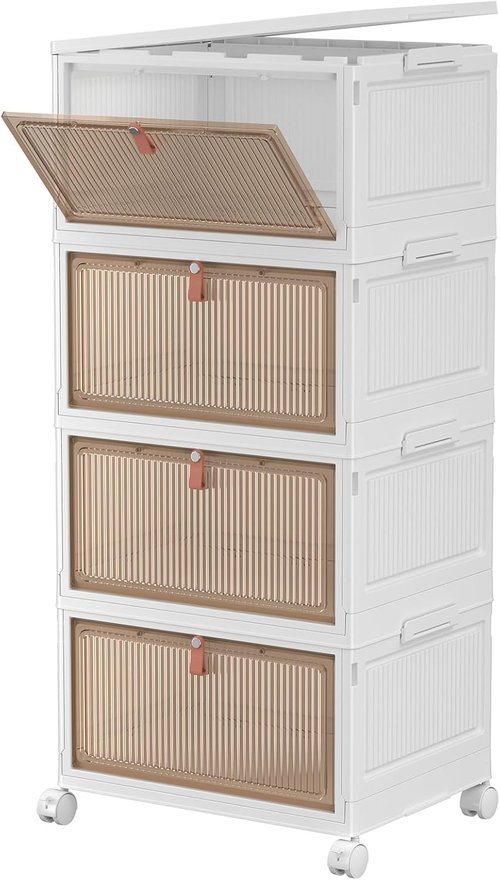 4 Tier Stackable Storage Bins - 28Qt Plastic Containers with Magnetic Doors & Wheels for Easy Organization