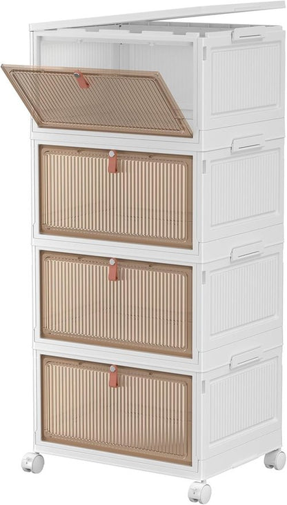 4 Tier Stackable Storage Bins - 28Qt Plastic Containers with Magnetic Doors & Wheels for Easy Organization