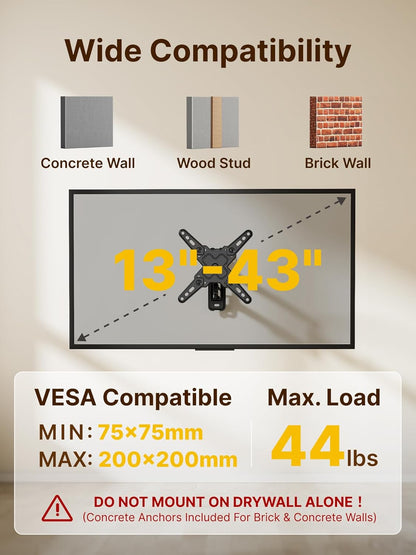 monTEK Full Motion TV Wall Mount Bracket - Swivel & Tilt for 13-43 Inch LED LCD TVs | Max VESA 200x200mm, 44lbs Capacity