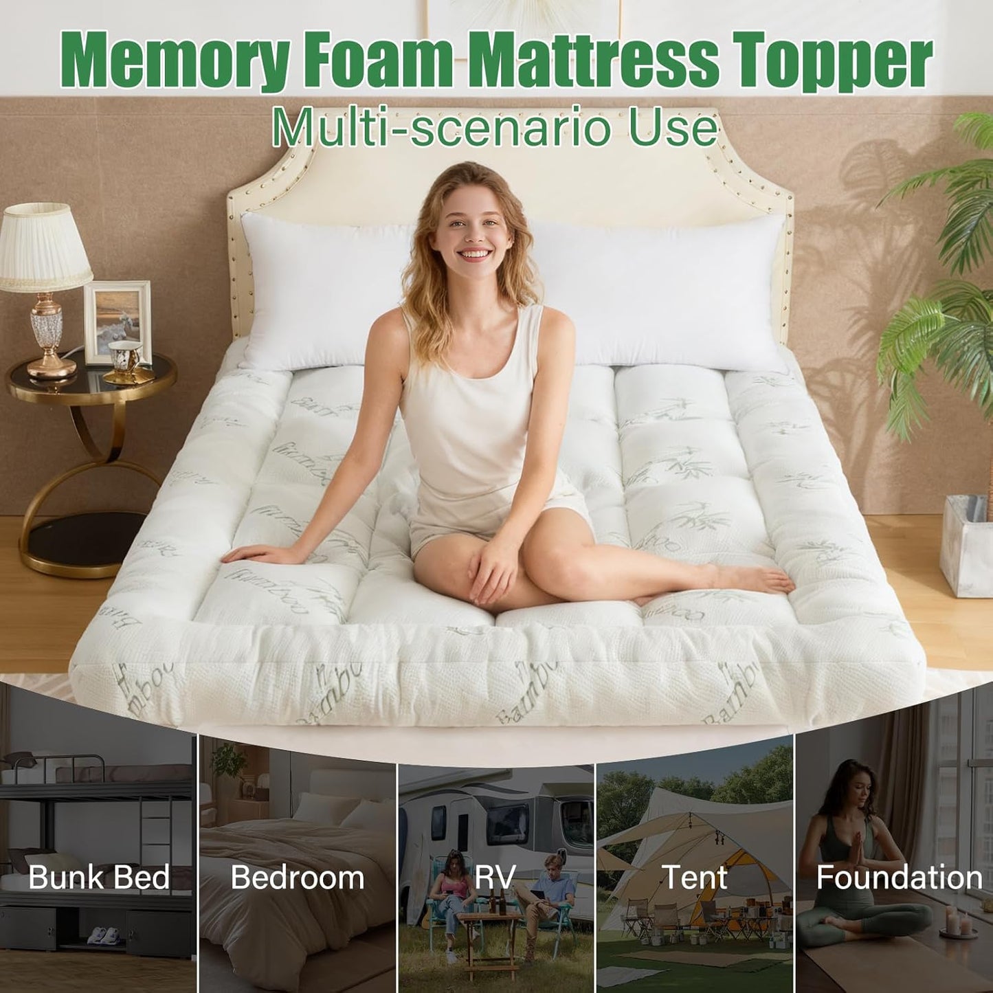 WhatsBedding 5-Inch Memory Foam Mattress Topper - Soft Bamboo Viscose, Breathable Comfort | Queen Size 80x60in