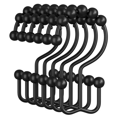 Amazer Shower Curtain Rings, Rust-Resistant Metal Double Shower Hooks for Curtain Rolling Shower Curtain Hooks Rings Shower Rings for Bathroom Shower Curtain Rod, Matte Black, Set of 12 Rings