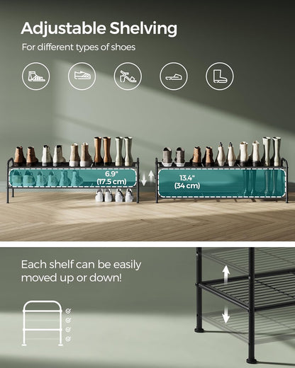 SONGMICS Shoe Rack - 2-Tier Metal Organizer with 4 Side Hooks | Holds 18 Pairs, Height-Adjustable, Ink Black