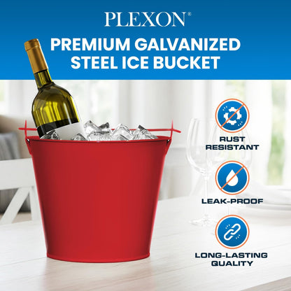 PLEXON Metal Ice Bucket for Parties Coctail Bar Restaurant - Drink Beer Champagne Beverage Pail Bucket with Handle for Valentines Day, Galvanized Steel, 1.3 Gallon, Red, Set of 3