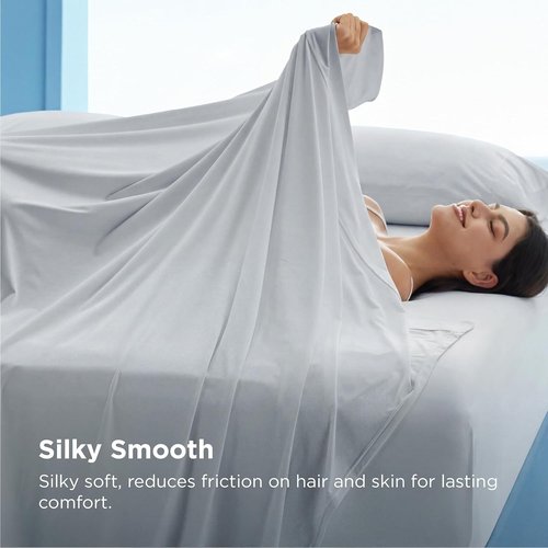 Bedsure Silver Infused Bed Sheets - Cooling Queen Sheet Set for Hot Sleepers | Ultra Soft & Silky Smooth, Light Grey, 4 Pieces, Deep Pocket Up to 16 Inches