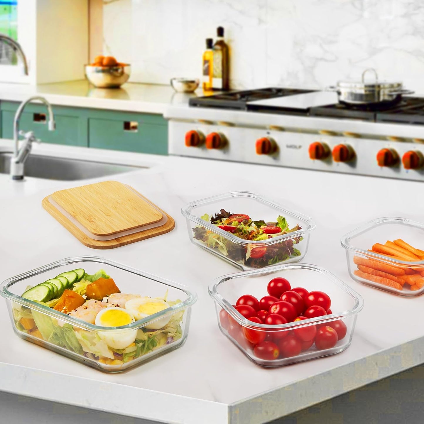Vtopmart Glass Food Storage Containers - 4 Pack with Bamboo Lids | Microwave, Oven, Freezer Safe, BPA Free