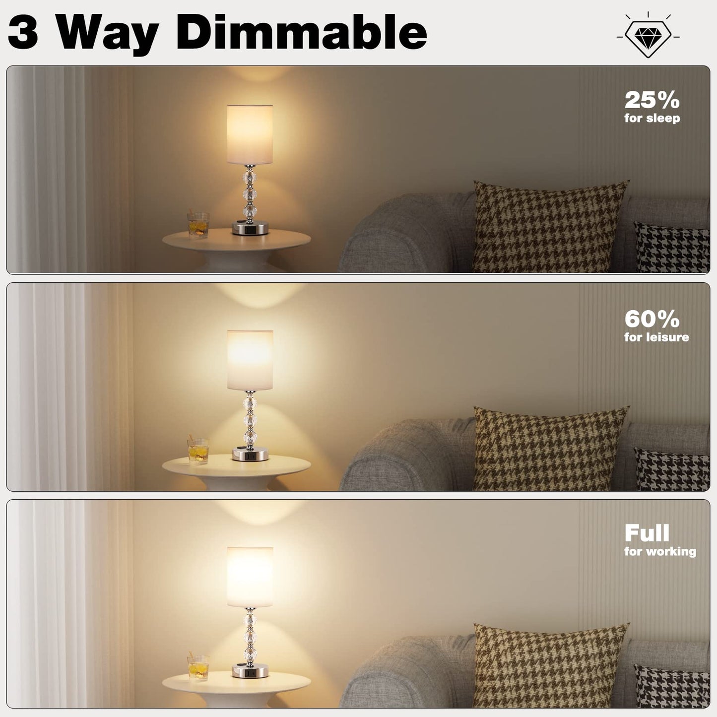 Touch Bedside Crystal Lamps for Bedrooms Nightstand with USB C+A Charging Port and AC Outlet White, 3 Way Dimmable Silver Small End Side Table Lamp for Living/Guest/Dinning Room/Kitchen