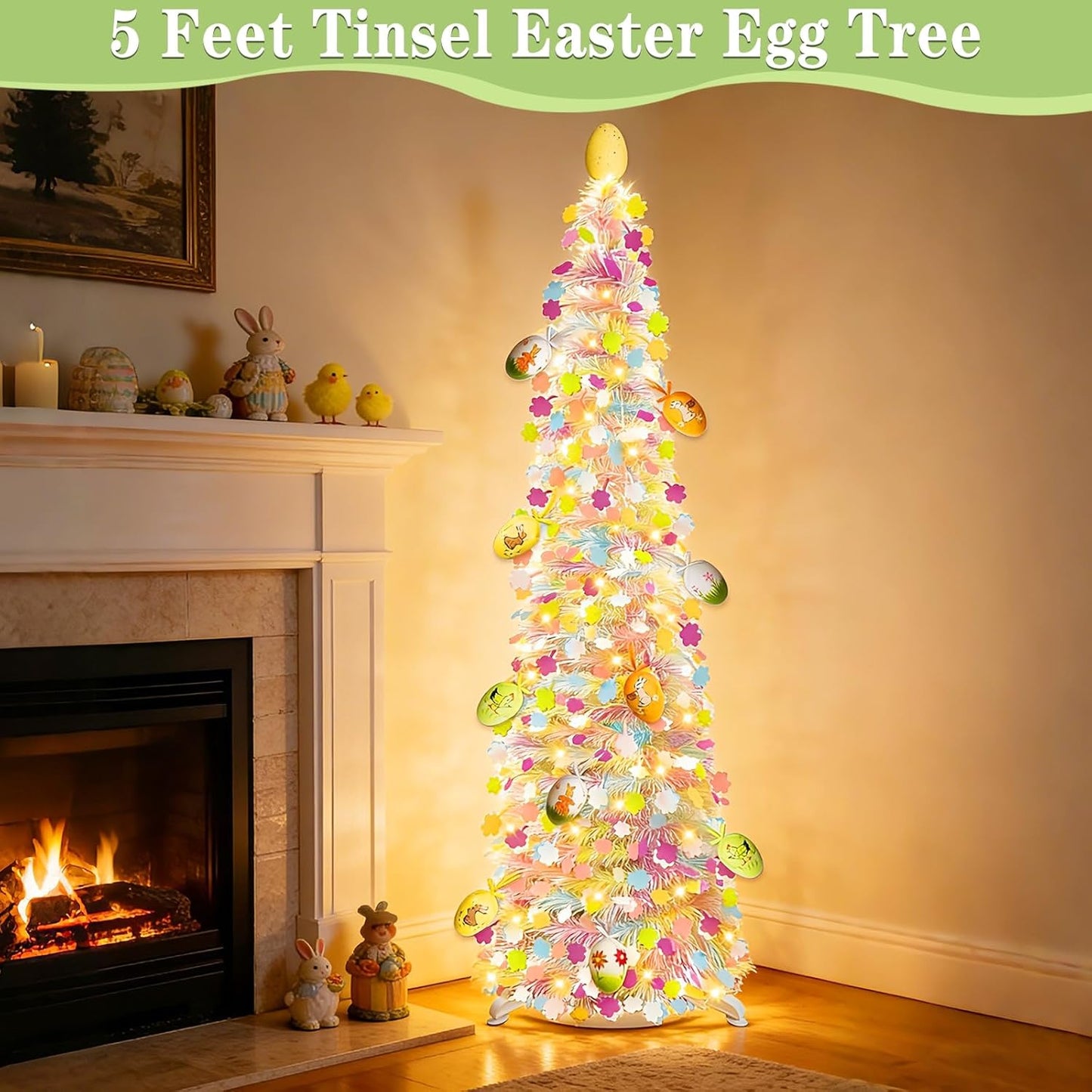 **Skiennix 5Ft Lighted Easter Tree - 50 LED Warm White Lights & Colorful Egg Ornaments | Battery Operated, Collapsible Design**