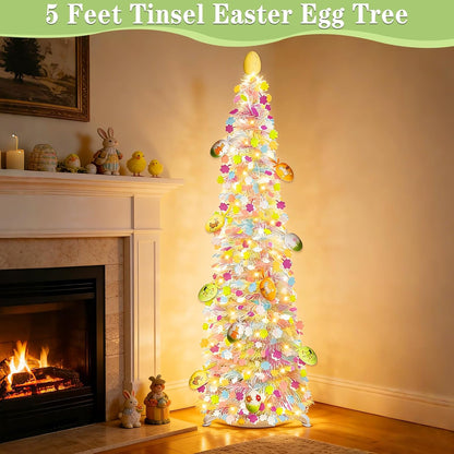 **Skiennix 5Ft Lighted Easter Tree - 50 LED Warm White Lights & Colorful Egg Ornaments | Battery Operated, Collapsible Design**