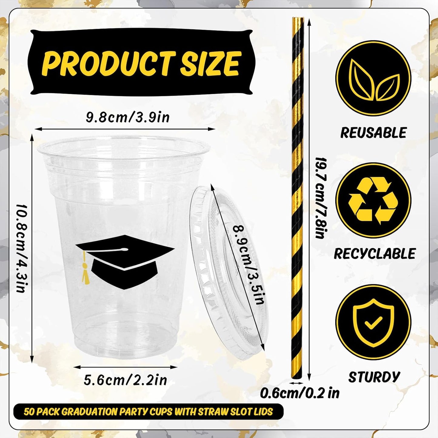 Whaline 50Pcs 12Oz Graduation Cups - Black Graduation Cap Design with Lids & Straws for Party Supplies