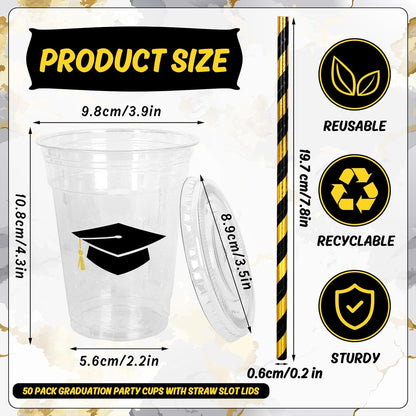 Whaline 50Pcs 12Oz Graduation Cups - Black Graduation Cap Design with Lids & Straws for Party Supplies