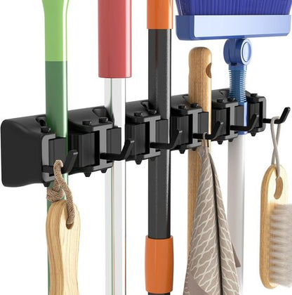 Lifewit Mop And Broom Holder - Anti-Slip Wall Mount Organizer With 5 Slots & 6 Hooks - Black