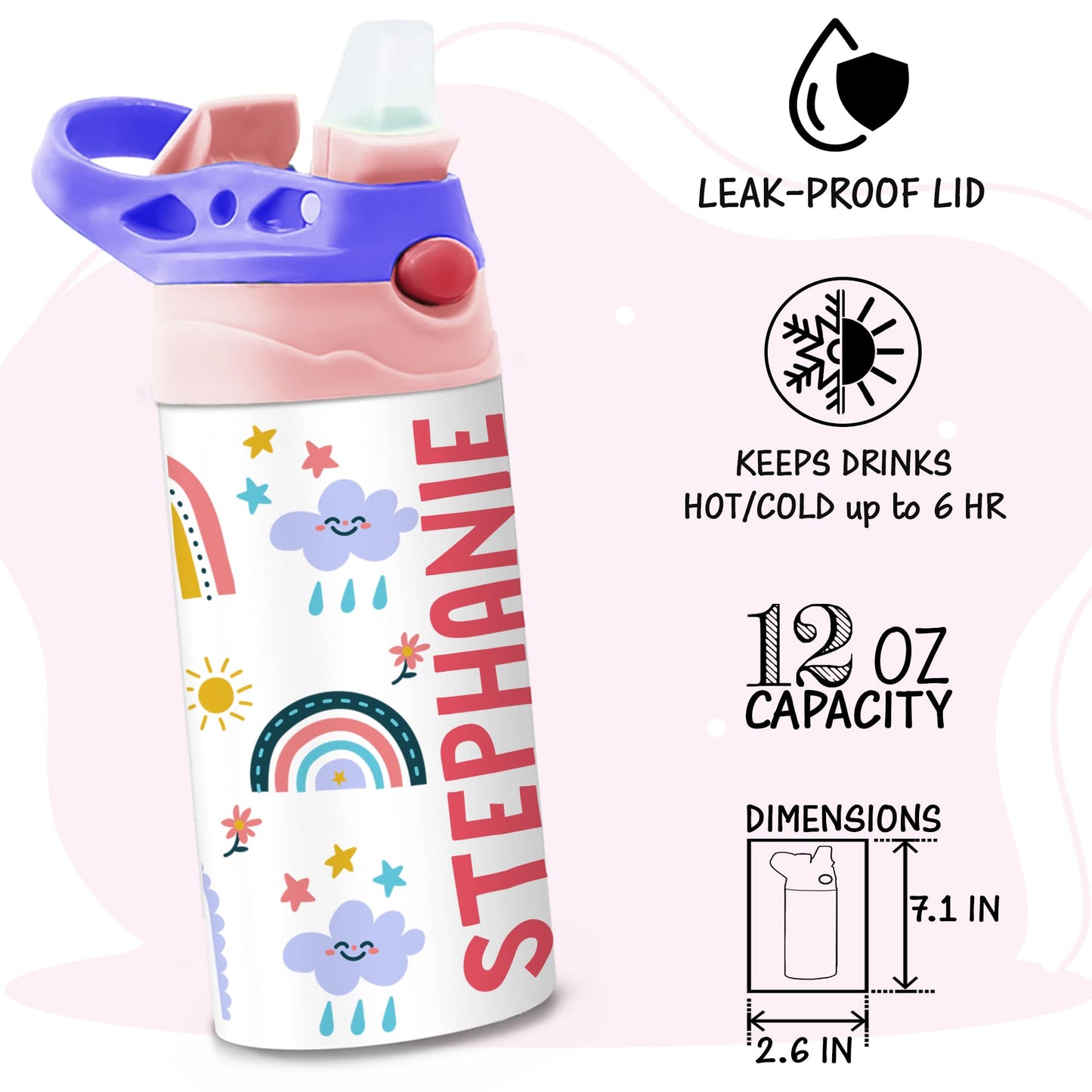 Personalized Kids Water Bottle | 12 Oz Double Wall Insulated Stainless Steel Tumbler | Custom Name Leak-Proof Cup with Straw | Back to School Gift for Toddlers, Children, Boys, Girls | Rainbow