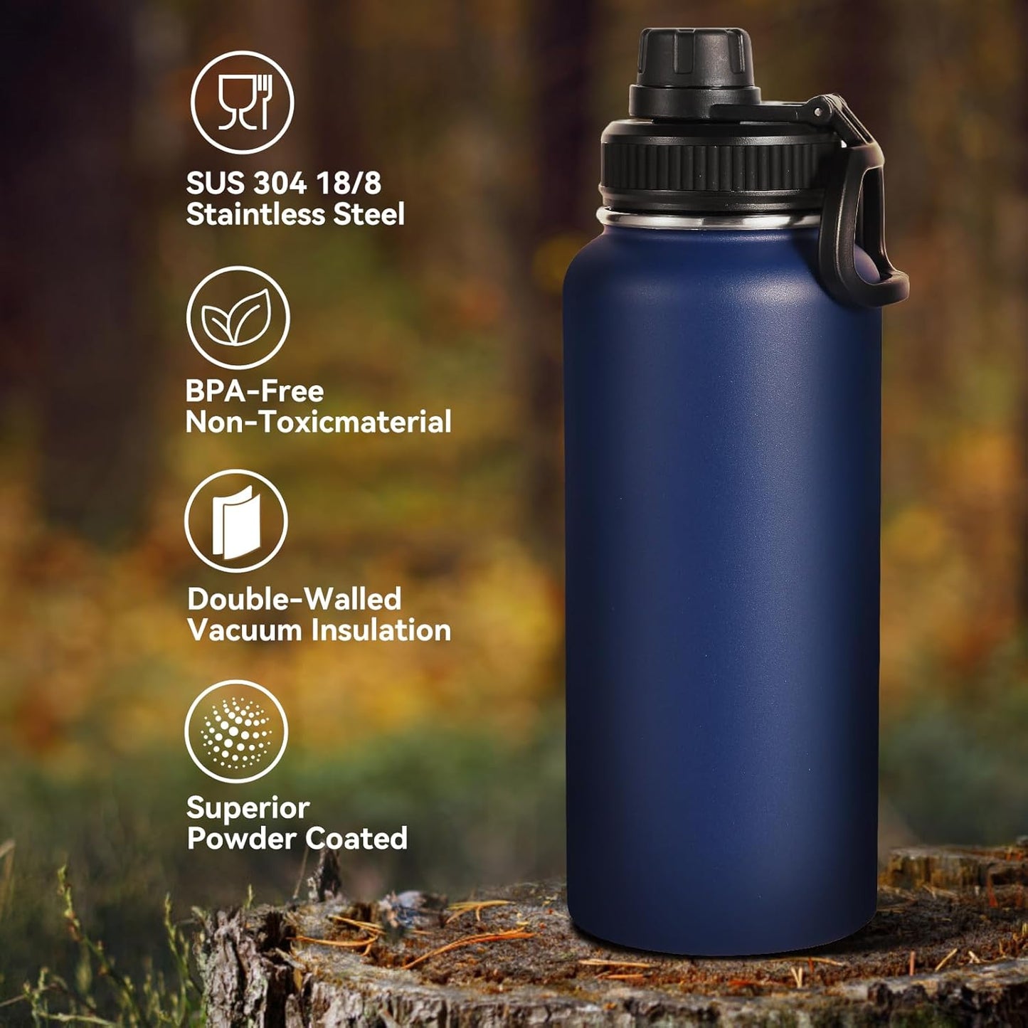Neihepal 32 oz Insulated Water Bottle - 18/8 Stainless Steel with Straw & Spout Lids | Navy, 1 Pack