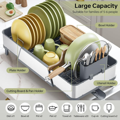 Skiennix Large Dish Drying Rack - Triple Expandable Stainless Steel Kitchen Organizer | Gray with Utensil & Pans Holder