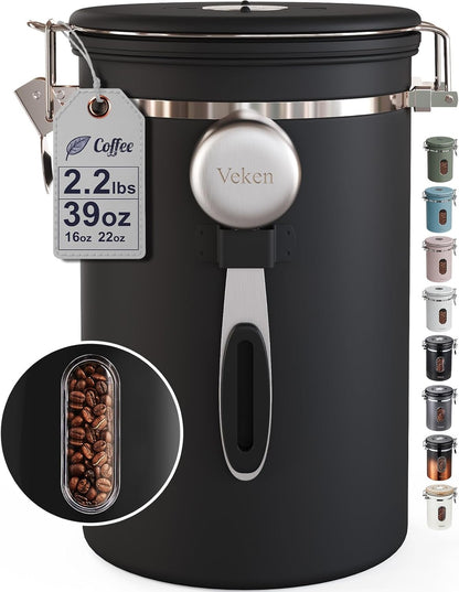 Veken Coffee Canister - Airtight Stainless Steel Storage Container with Window | 39oz, Black, Holds 2.2lbs