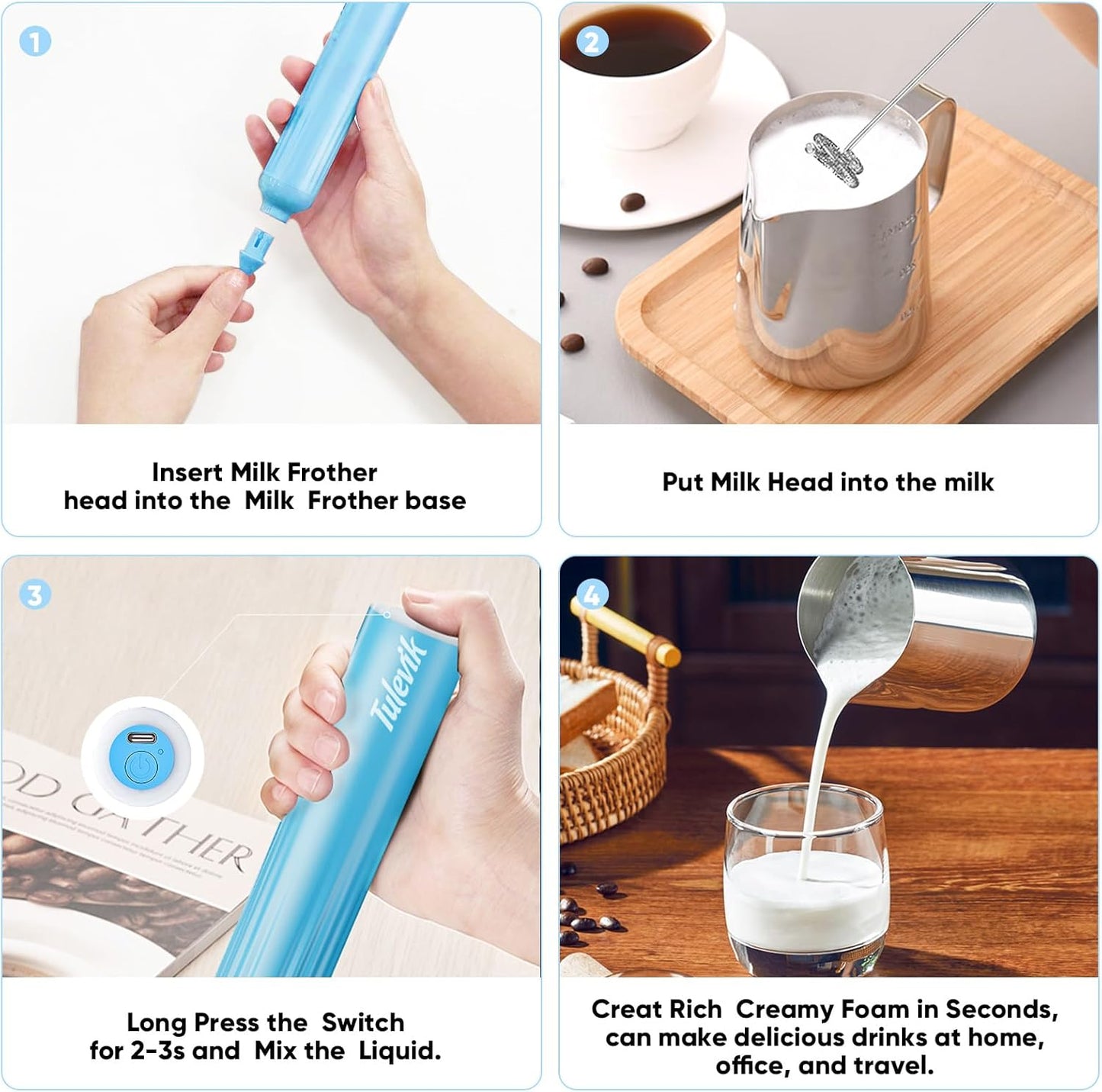 Milk Frother - Skiennix Handheld Electric Whisk with 3 Speeds & USB Rechargeable - Blue