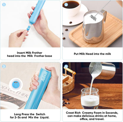 Milk Frother - Skiennix Handheld Electric Whisk with 3 Speeds & USB Rechargeable - Blue