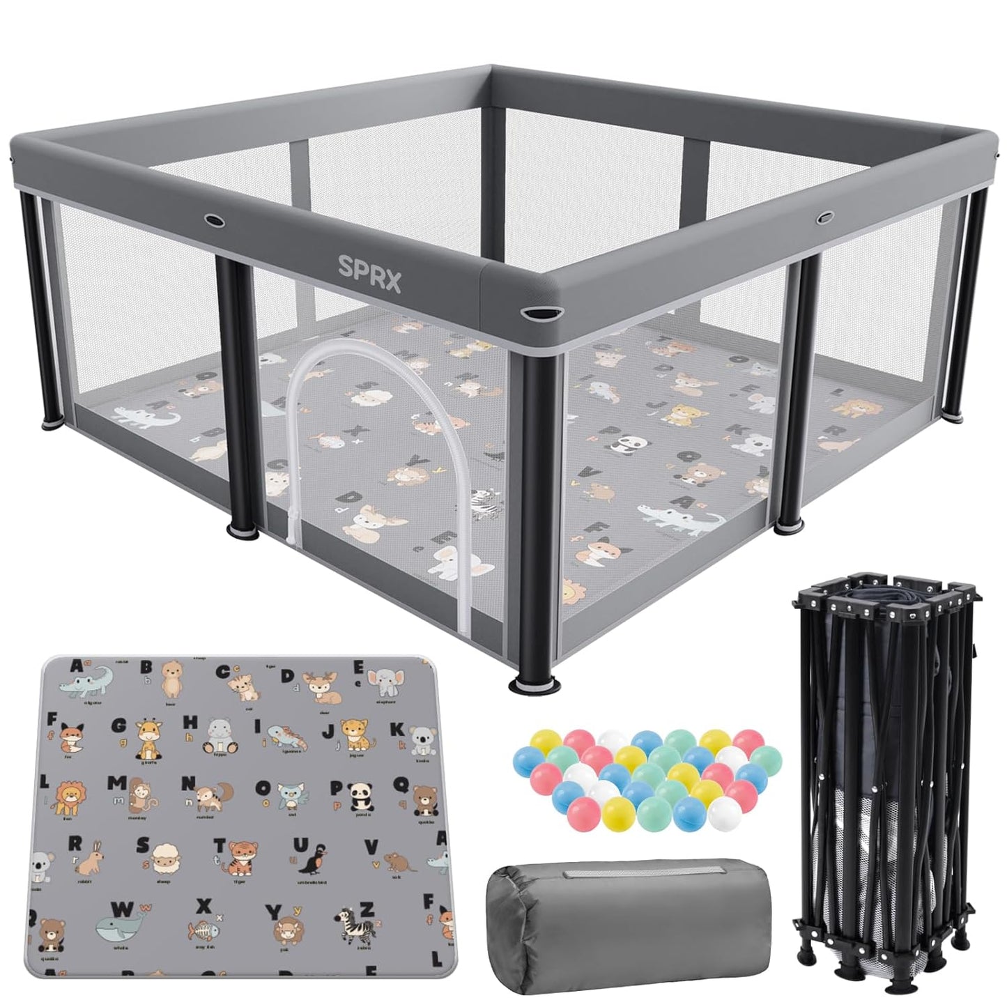 Skiennix Foldable Baby Playpen - 50" x 50" Collapsible Playard for Indoor & Outdoor Use | Portable with Mat & 30 Ocean Balls