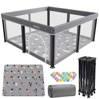 Skiennix Foldable Baby Playpen - 50" x 50" Collapsible Playard for Indoor & Outdoor Use | Portable with Mat & 30 Ocean Balls