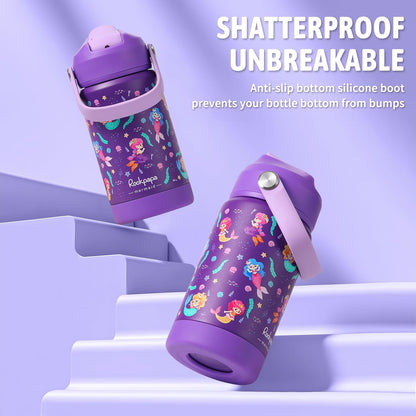 Rockpapa 14 oz Kids Insulated Water Bottle - BPA Free, Leak-Proof Design | Purple Mermaid