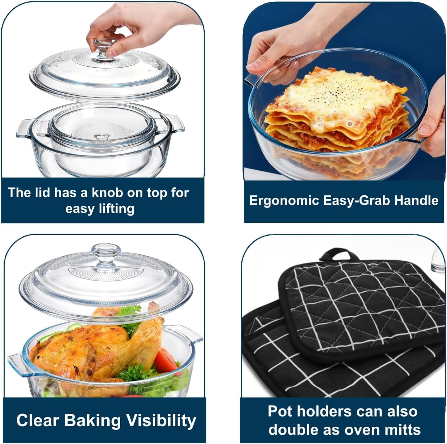 Skiennix Glass Casserole Dish Set - 2 Pack Round Baking Dishes with Lids | 1.8Qt & 0.8Qt, Dishwasher Safe